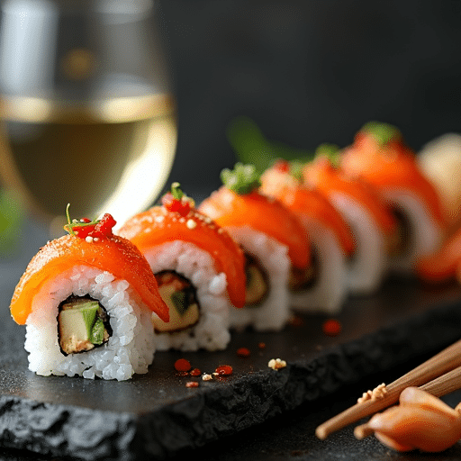Plateau de sushi avec vin